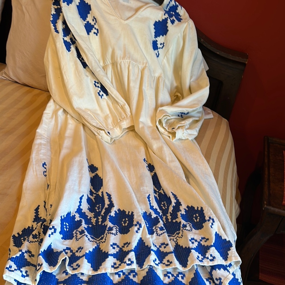 Blue and Cream Long Sleeve Dress Linen